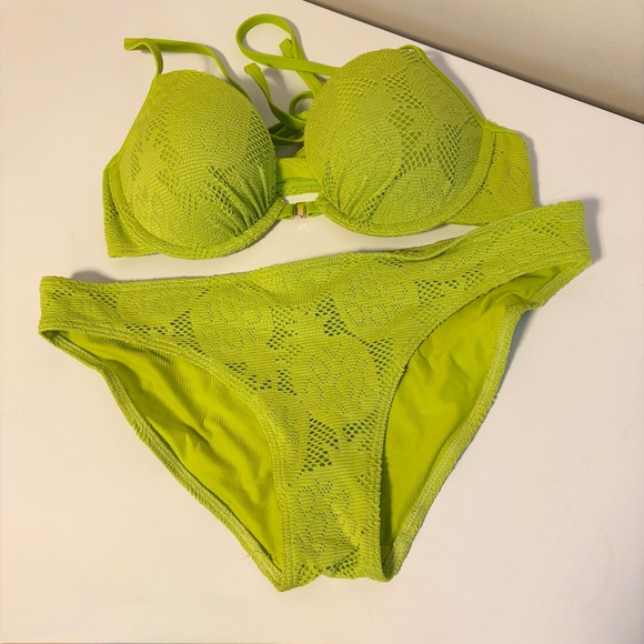 Aerie Perkier Push-Up Crochet Low Rise Bikini Matching Set Lime Green 32 C M - Picture 1 of 6